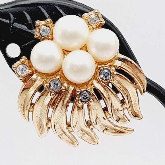 Vintage Crown Trifari Clip Earrings, Faux Pearl, Rhinestone, Mid-Century - Picture 2 of 10